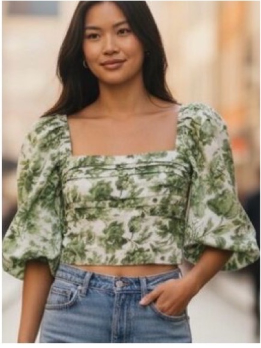 Abercrombie & Fitch Green Floral Puff-Sleeve Crop Top